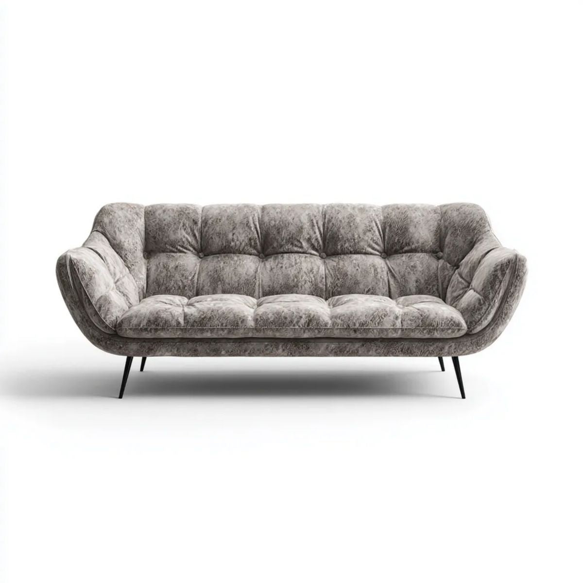 Trzyosobowa sofa welurowa szara z czarnymi metalowymi nogami, 220 x 95 x 85 cm, zaokrąglona