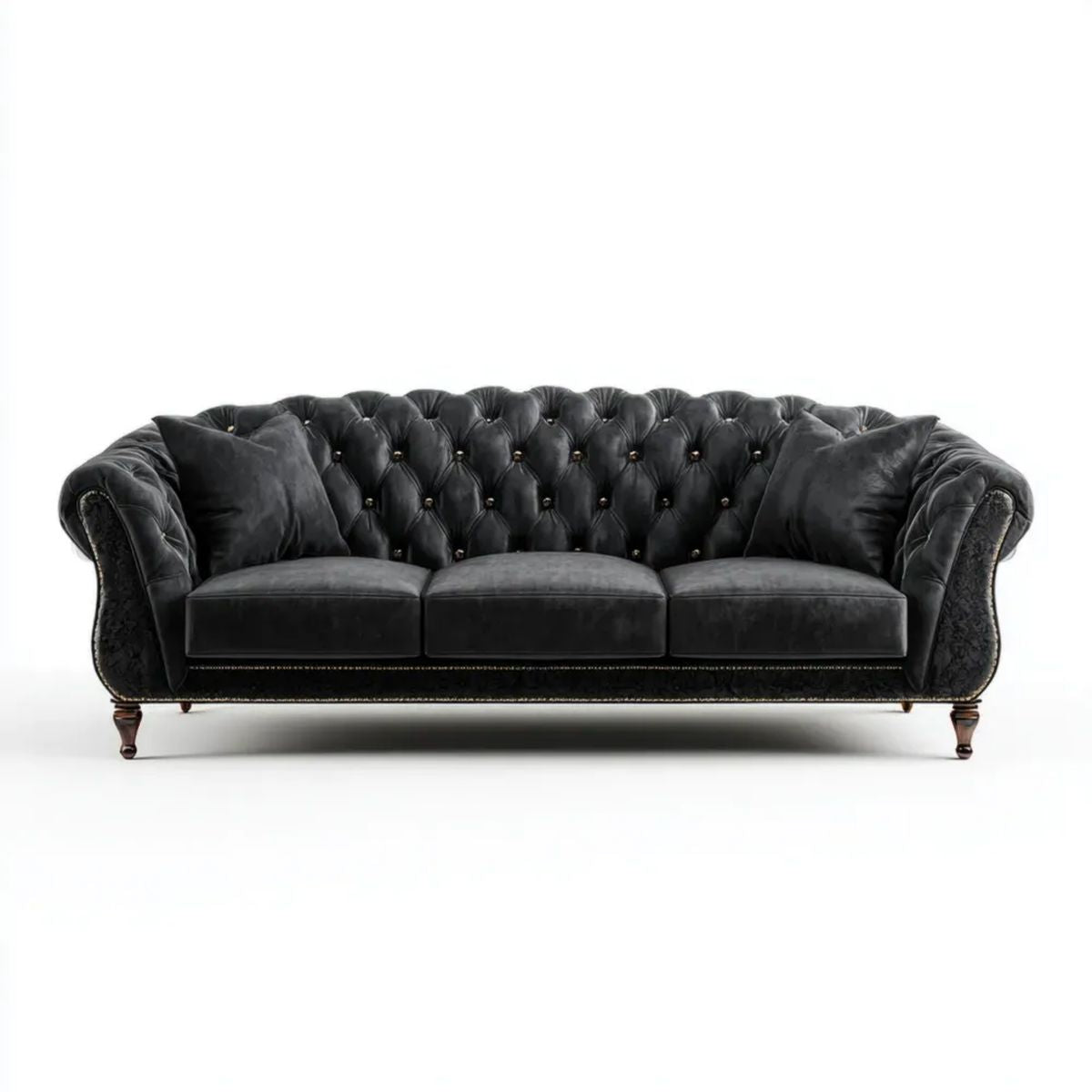 Trzyosobowa sofa Chesterfield z aksamitu, czarna, 230 x 95 x 78 cm