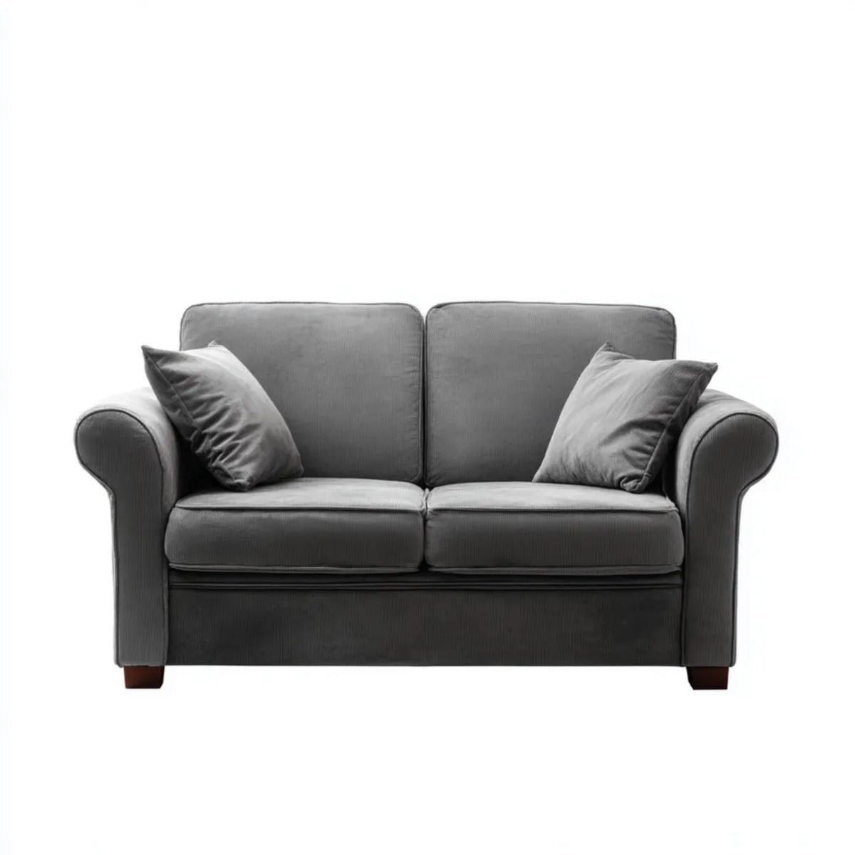 Sofa dwuosobowa szara z tapicerką poliestrową i ciemnobrązowymi nóżkami, 150 x 88 x 88 cm
