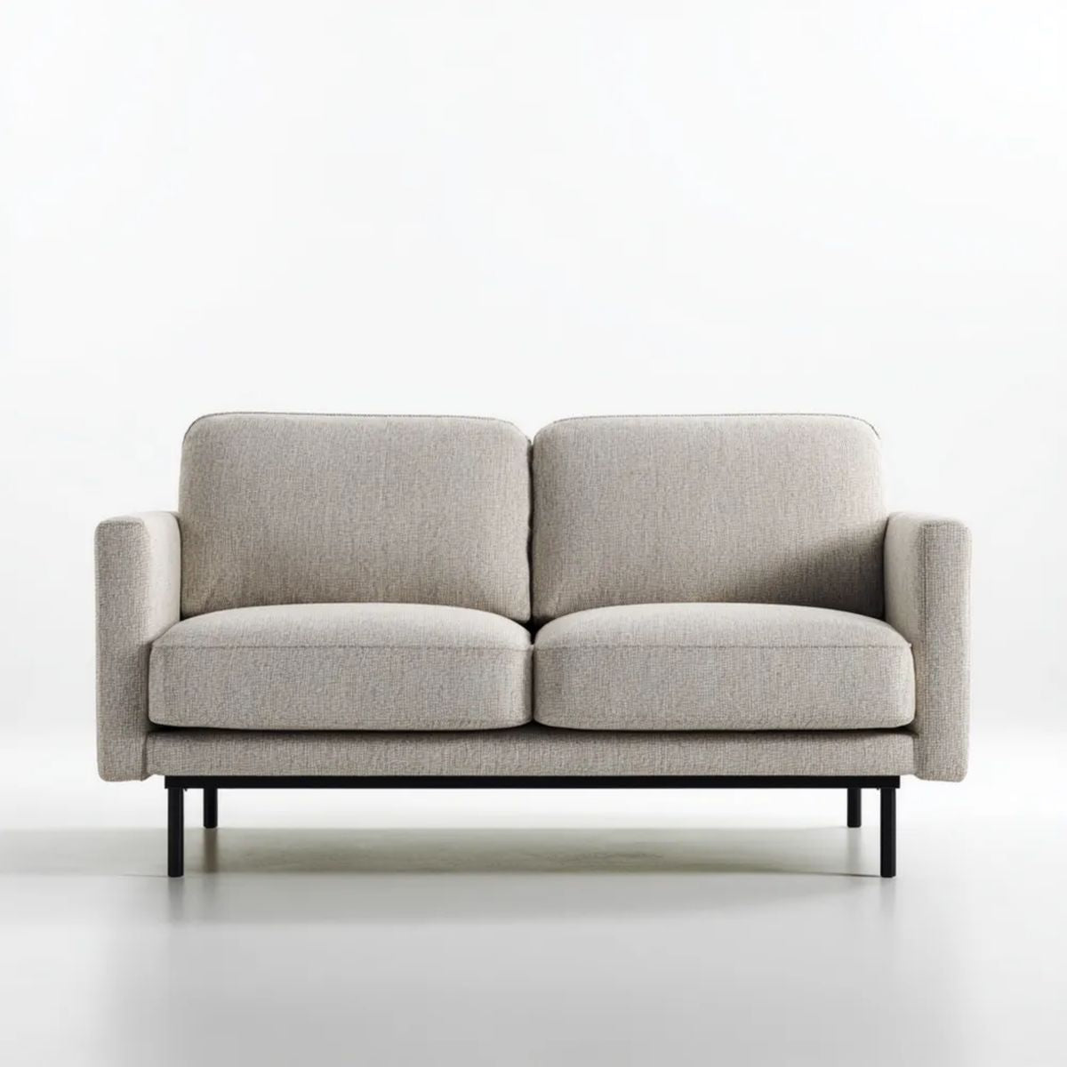 Sofa dwuosobowa szarobeżowa z tapicerką poliestrową i metalowymi nogami, 145 x 82 x 82 cm